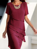 Damen Kurzarm Stufenkleid mit Rundkragen und diagonalen Lagenvolants