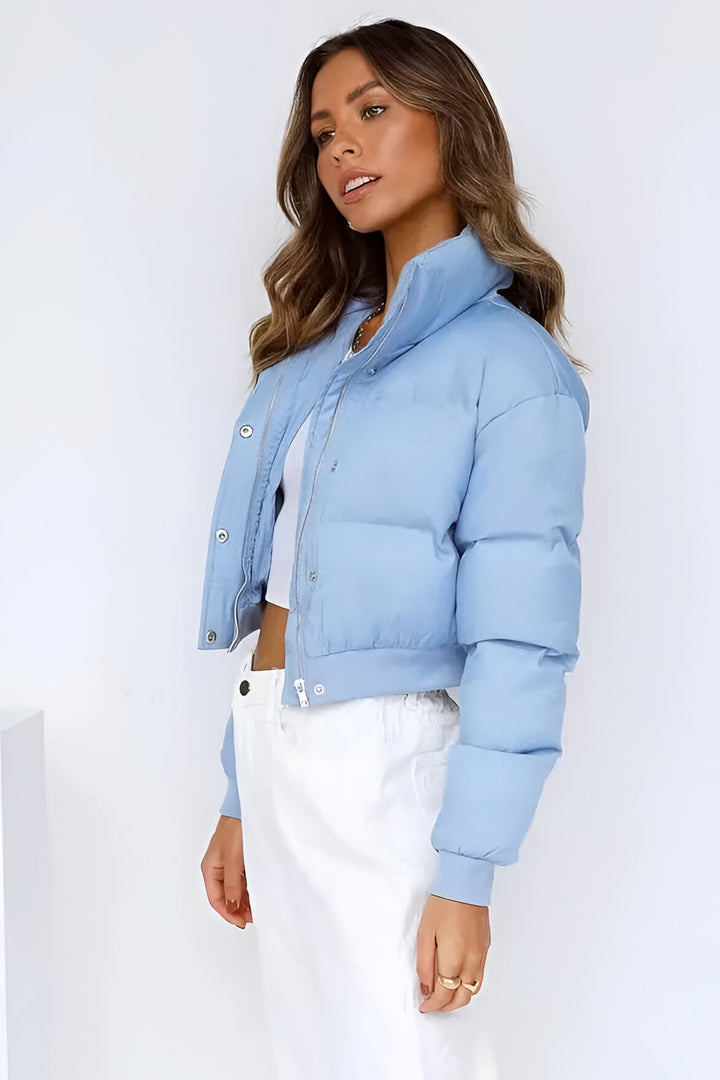 Damen Kurze Gesteppte Pufferjacke mit breitem Kragen Druckknöpfen und gerippten Bündchen