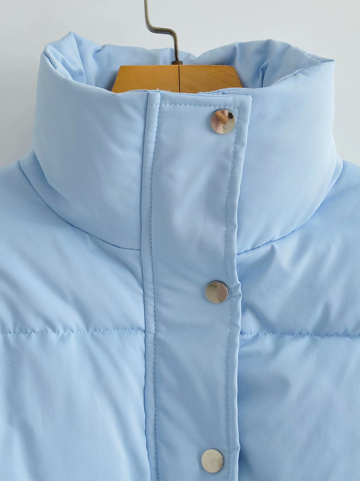 Damen Kurze Gesteppte Pufferjacke mit breitem Kragen Druckknöpfen und gerippten Bündchen