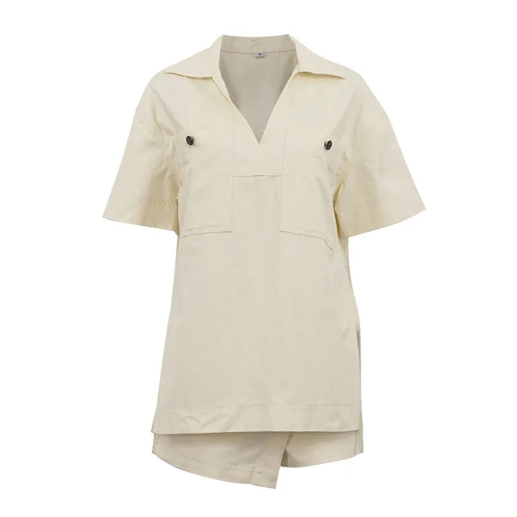 Damen Kurze-Hosen-Set mit Umlegekragen Kurzen Ärmeln und Aufgesetzten Brusttaschen