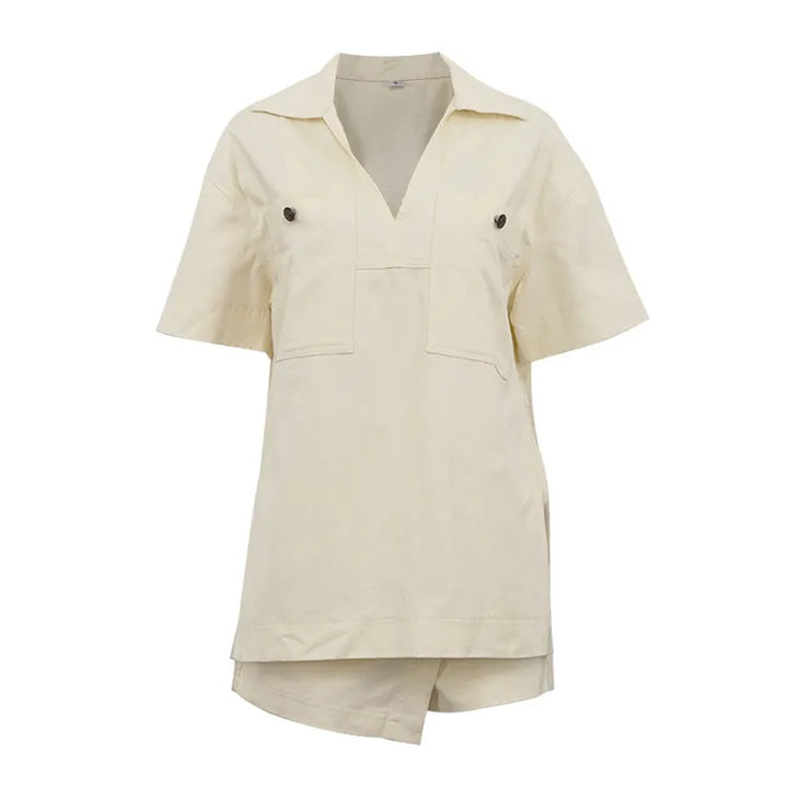 Damen Kurze-Hosen-Set mit Umlegekragen Kurzen Ärmeln und Aufgesetzten Brusttaschen