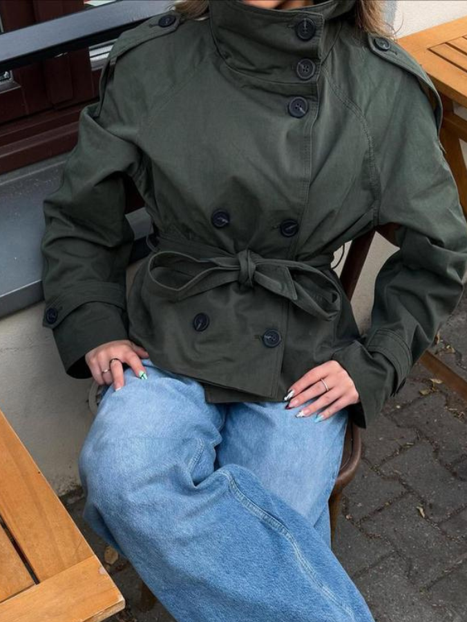 Damen kurze jacke mit bindegürtel und doppelreiher knopfleiste