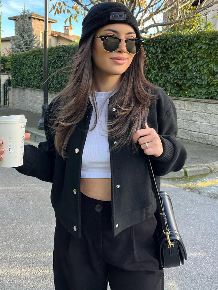 Damen Kurze Jacke mit Druckknopfverschluss und Elastischen Bündchen