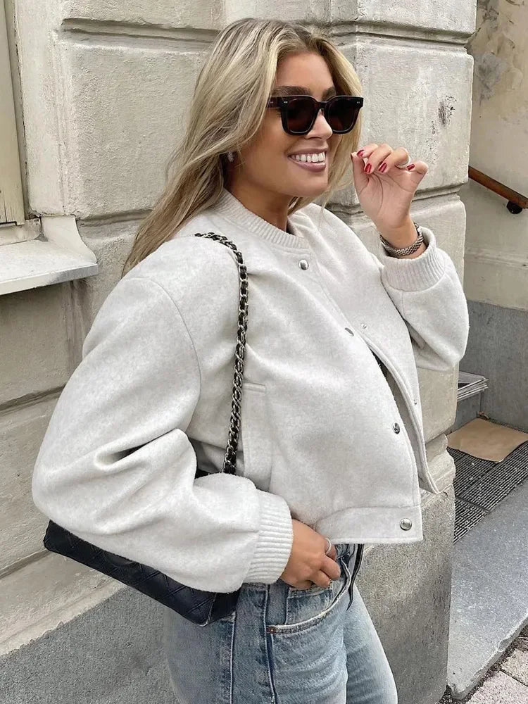 Damen Kurze Jacke mit Druckknopfverschluss und Elastischen Bündchen