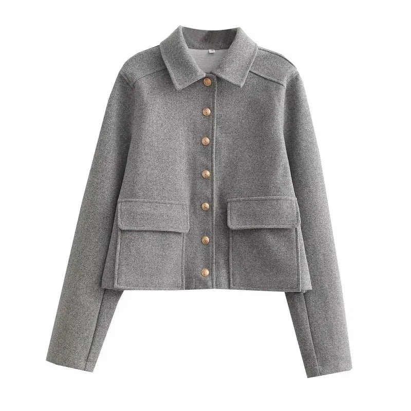 Dames kort jack met overhemdkraag en knoopsluiting en klepzakken