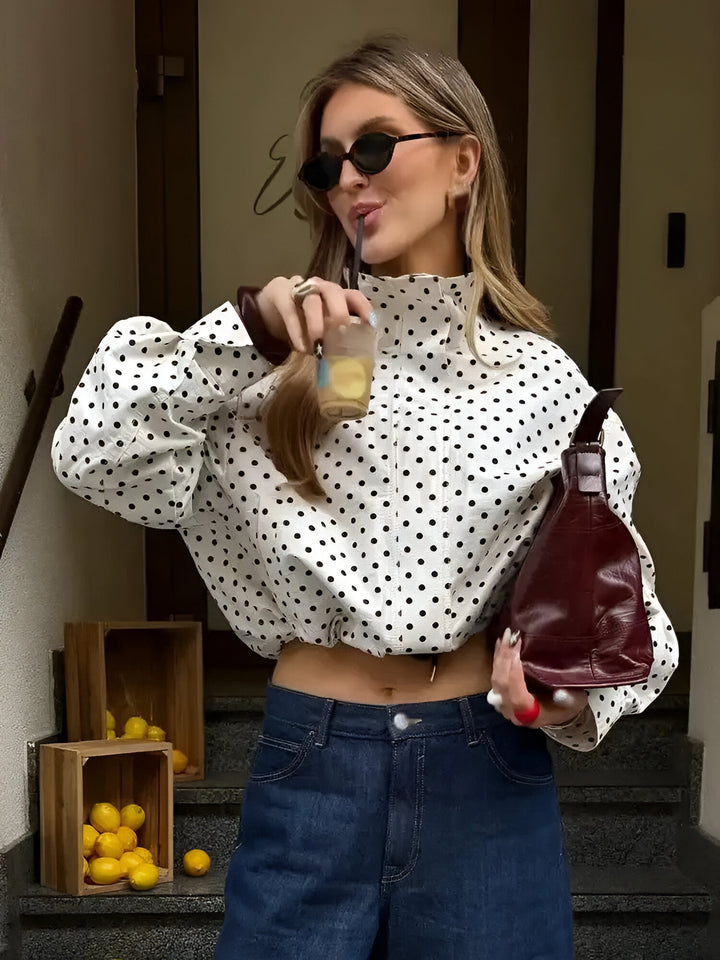 Damen Kurze Jacke mit Stehkragen Punktemuster und Kordelzug am Saum