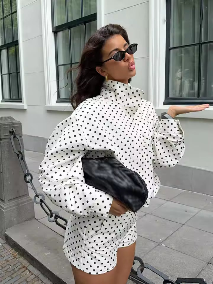 Damen Kurze Jacke mit Stehkragen Punktemuster und Kordelzug am Saum