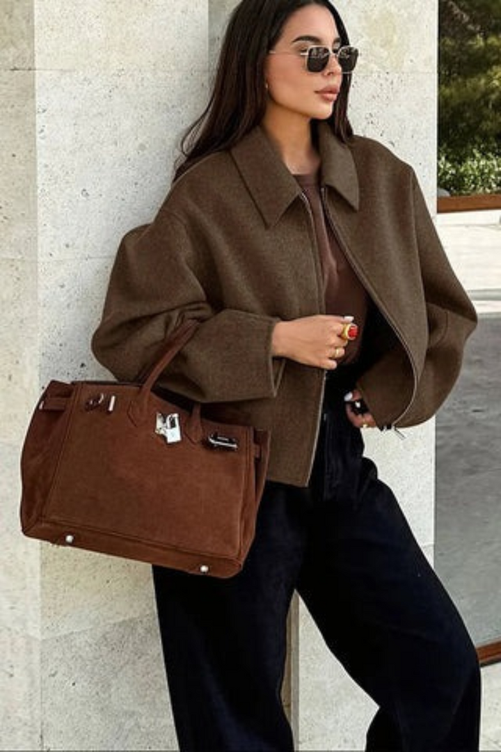 Damen Kurze Jacke mit Umlegekragen Offenem Vorderteil und Langen Ärmeln