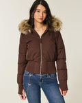 Damen Kurze Steppjacke mit Fellkapuze Frontreißverschluss und langen Ärmeln