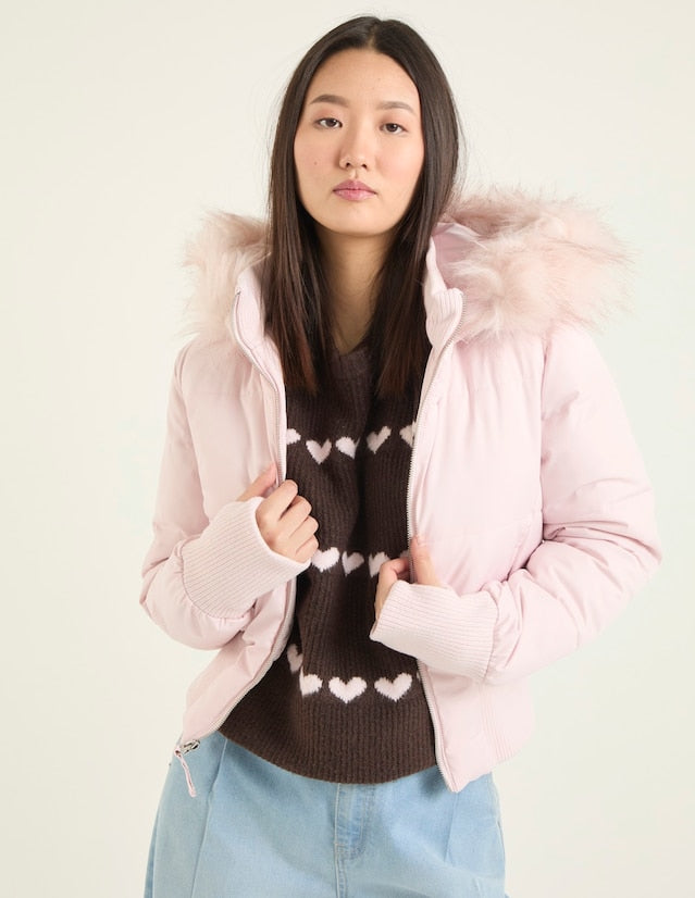 Damen Kurze Steppjacke mit Fellkapuze Frontreißverschluss und langen Ärmeln