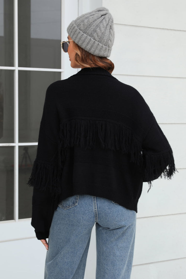 Dames Kort vest met open voorkant, franjes aan de mouwen en ribgebreid patroon