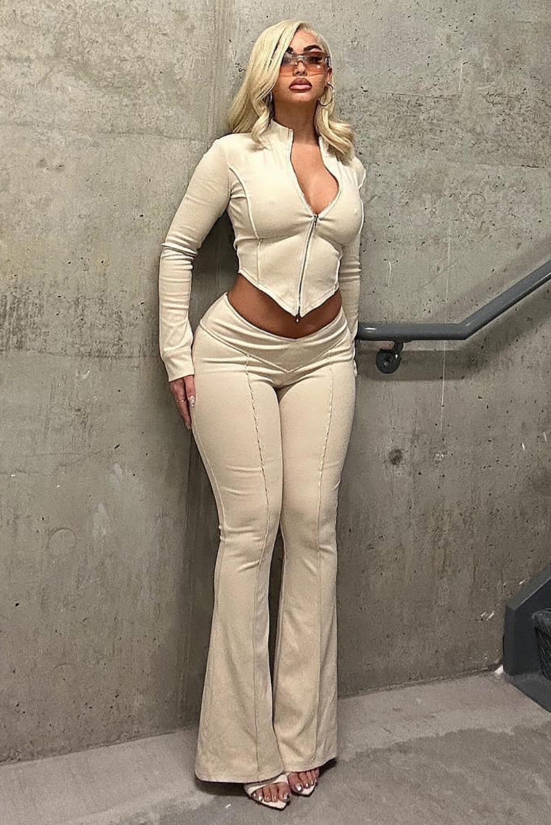 Damen Kurzes Oberteil und Hose Set mit Stehkragen und Reißverschluss