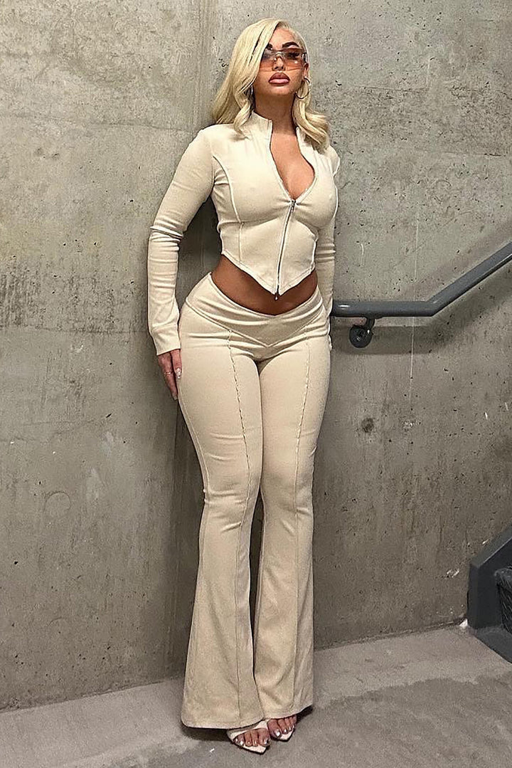 Damen Kurzes Oberteil und Hose Set mit Stehkragen und Reißverschluss
