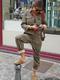 Dames jumpsuit met lange mouwen, luipaardprint en overhemdkraag met knoopsluiting