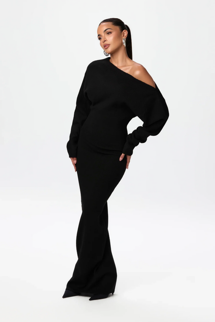 Damen Langärmliges Strick-Maxikleid mit Asymmetrischem Schulterausschnitt