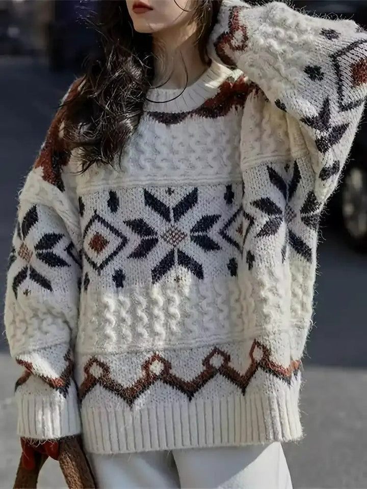 Damen Langarm Pullover mit Rundhalsausschnitt und Schneeflocken-Motiven in geometrischen Mustern