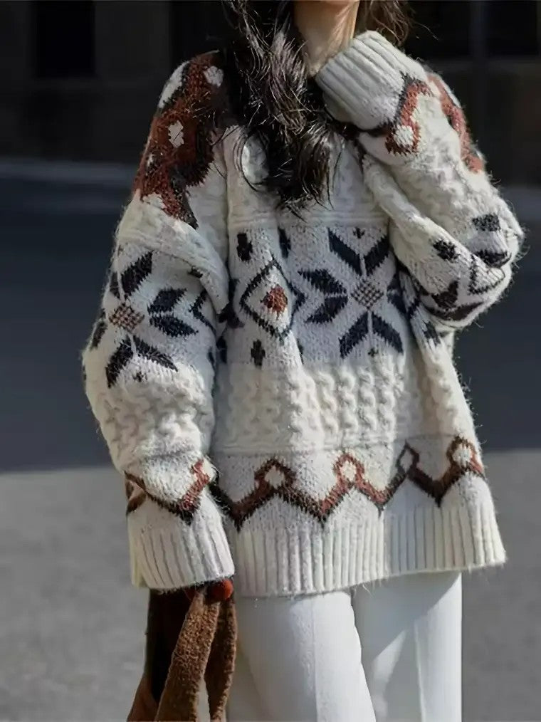 Damen Langarm Pullover mit Rundhalsausschnitt und Schneeflocken-Motiven in geometrischen Mustern