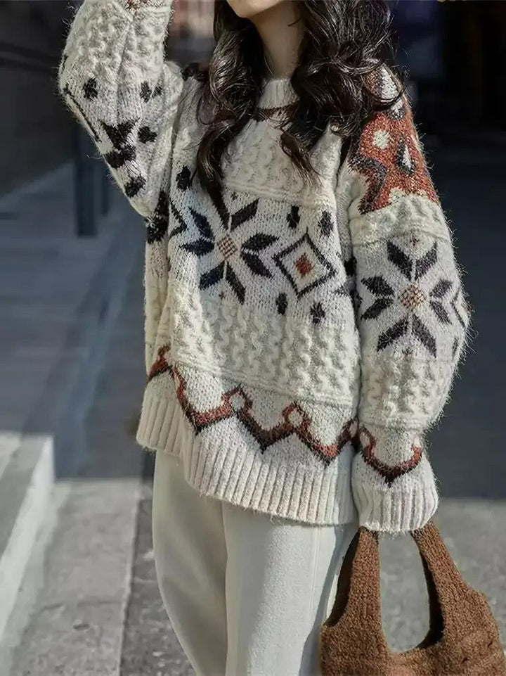 Damen Langarm Pullover mit Rundhalsausschnitt und Schneeflocken-Motiven in geometrischen Mustern