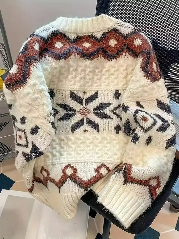 Damen Langarm Pullover mit Rundhalsausschnitt und Schneeflocken-Motiven in geometrischen Mustern