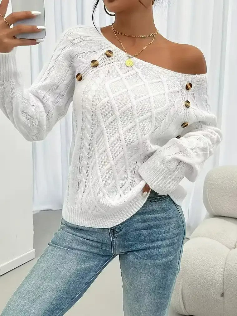 Damen Langarm Pullover mit Rundhalsausschnitt und Zopfmuster mit dekorativen Knöpfen