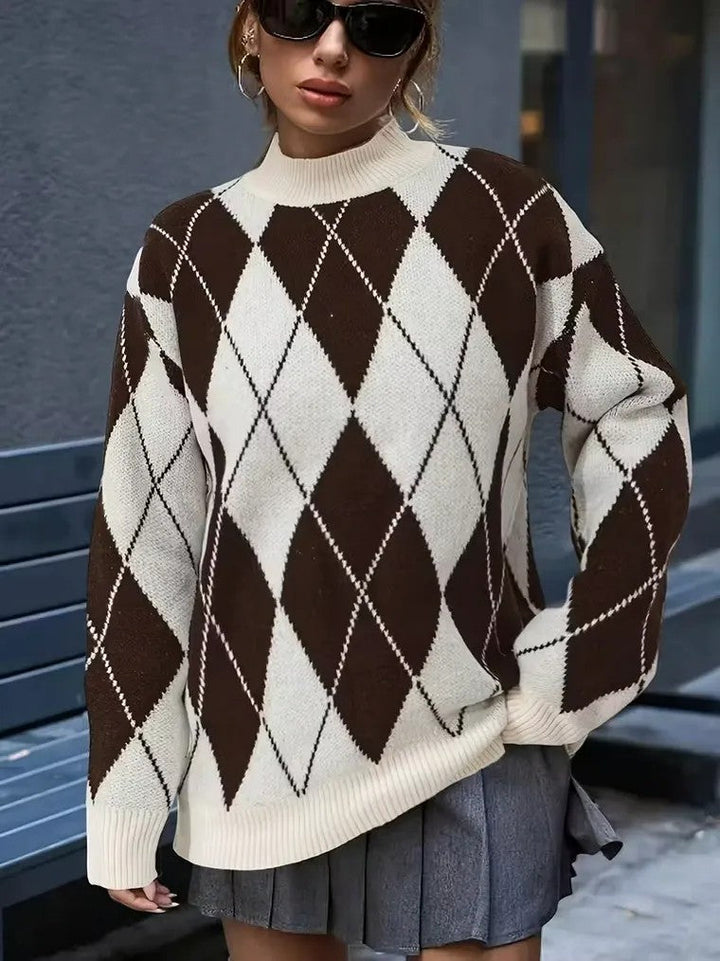 Damen Langarm Pullover mit Stehkragen und Rautenmuster