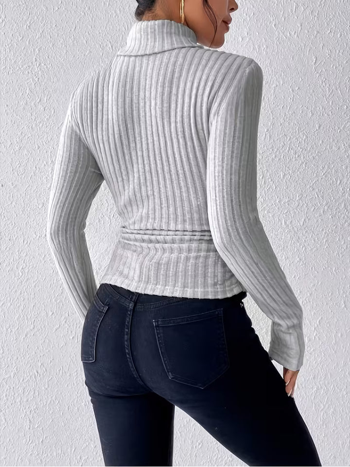 Damen Langarm Rollkragenpullover mit vertikalem Rippmuster