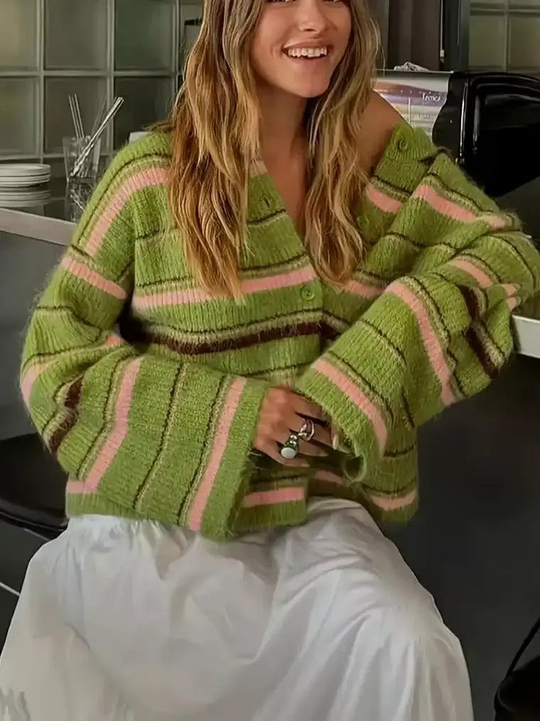 Dames vest met lange mouwen, ronde hals en knoopsluiting in horizontale strepen