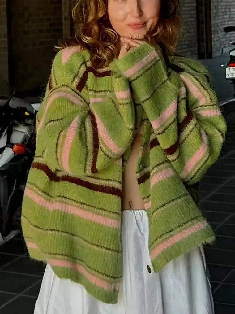 Dames vest met lange mouwen, ronde hals en knoopsluiting in horizontale strepen