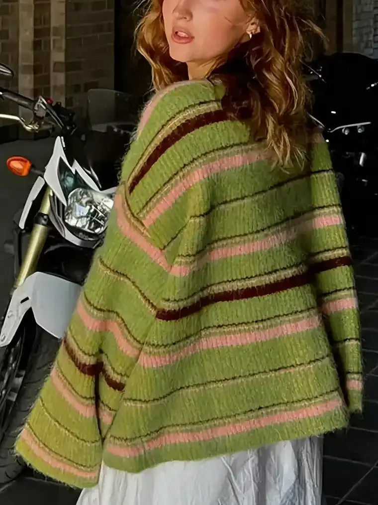 Dames vest met lange mouwen, ronde hals en knoopsluiting in horizontale strepen