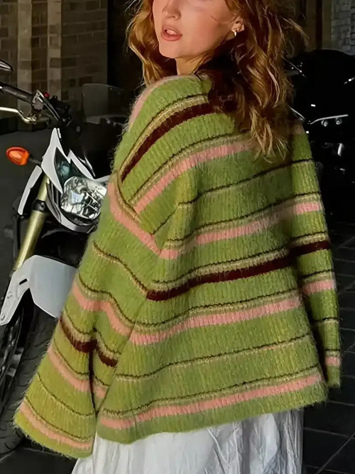 Dames vest met lange mouwen, ronde hals en knoopsluiting in horizontale strepen