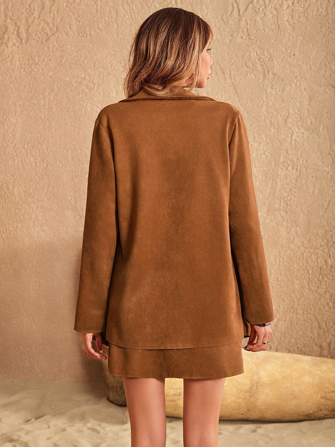 Damen Lange Jacke und Minirock Set mit Hemdkragen und Knopfleiste
