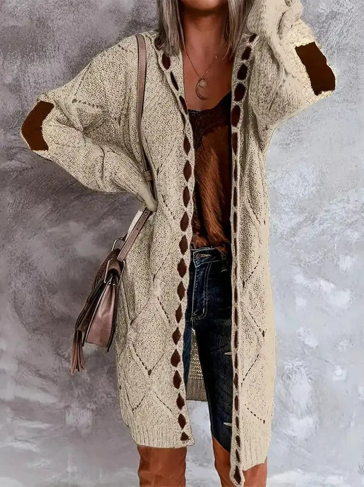 Dames Lang Open Vest met Capuchon Ruitpatroon Elleboogstukken en Gaatjespatroon