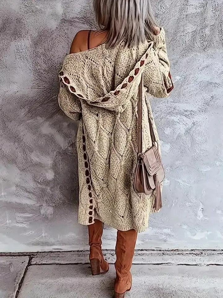 Dames Lang Open Vest met Capuchon Ruitpatroon Elleboogstukken en Gaatjespatroon