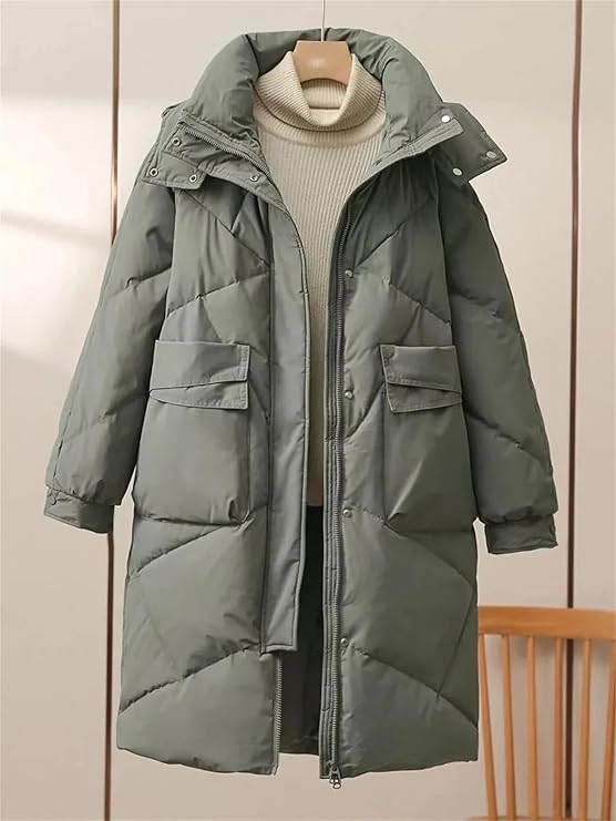 Damen Lange Steppjacke mit Stehkragen Verdecktem Reißverschluss Pattentaschen und Langen Ärmeln