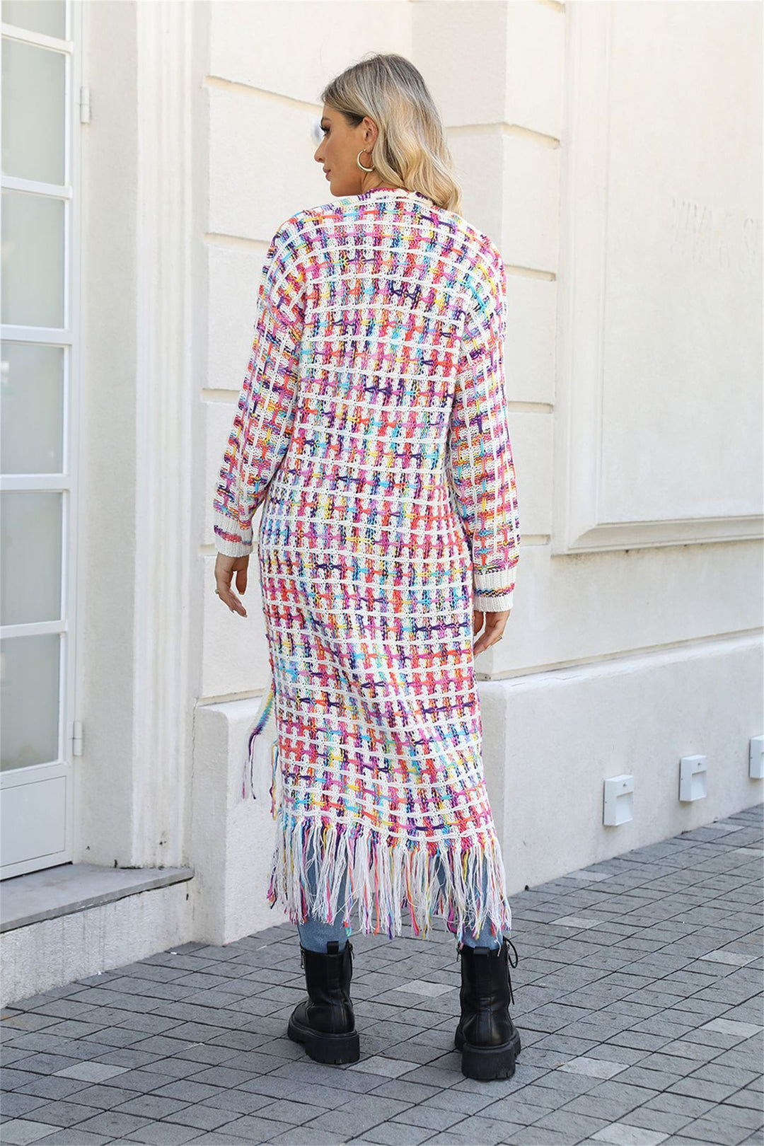 Dames lang vest met open voorkant, franjes en meerkleurig patroon