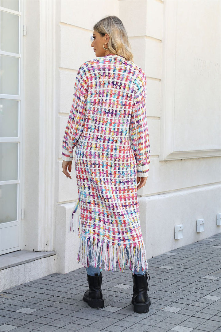 Dames lang vest met open voorkant, franjes en meerkleurig patroon