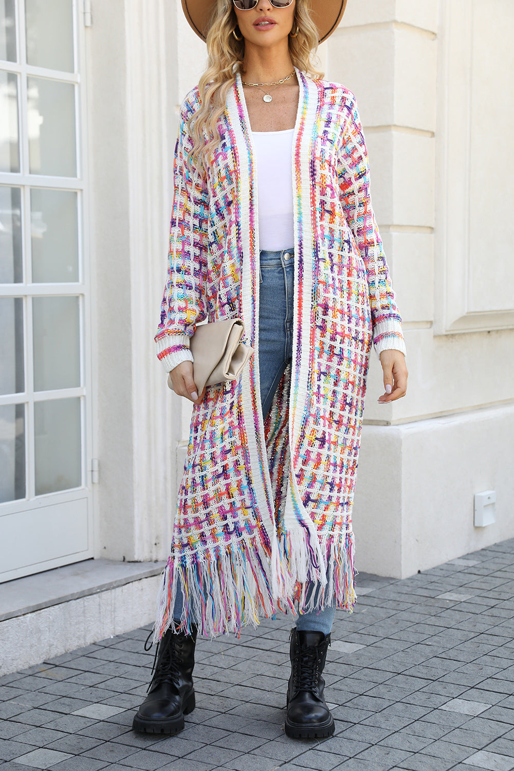 Dames lang vest met open voorkant, franjes en meerkleurig patroon