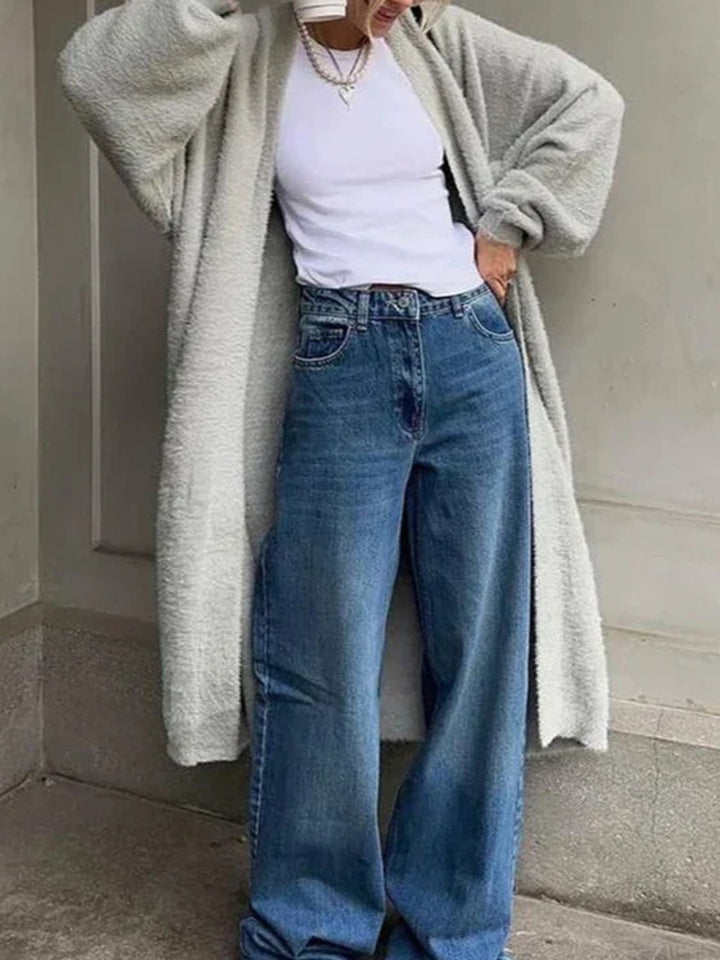 Dames lang vest met open voorkant en pluizige afwerking