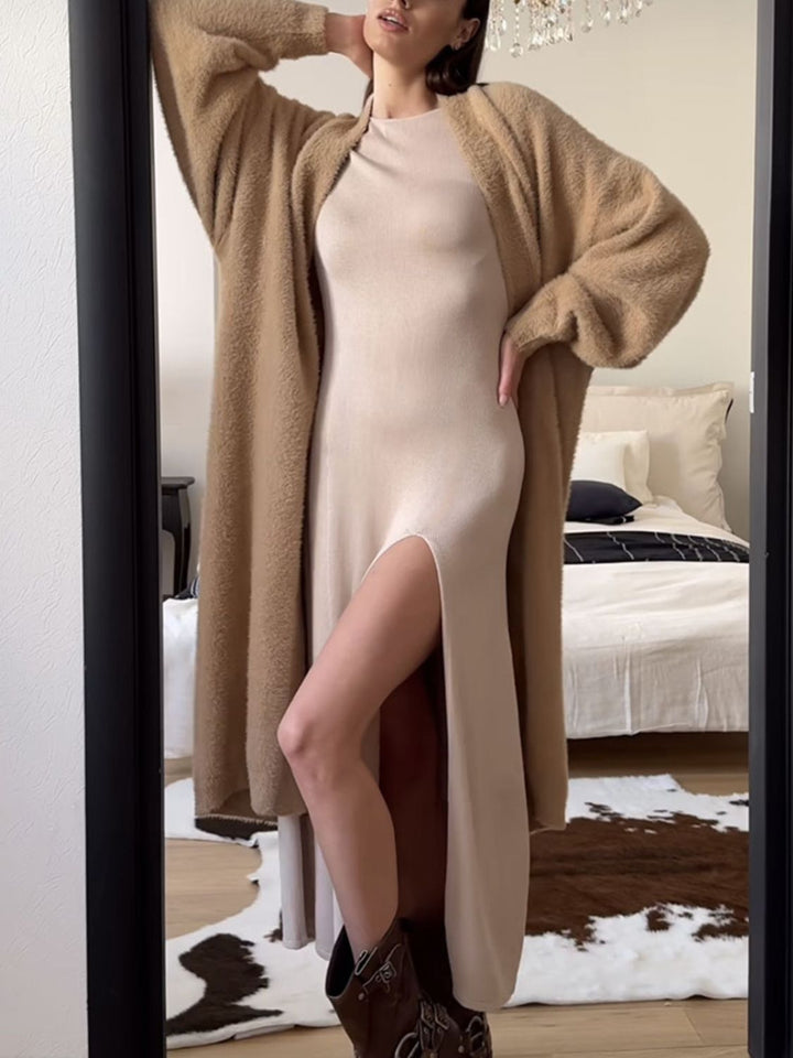 Dames lang vest met open voorkant en pluizige afwerking