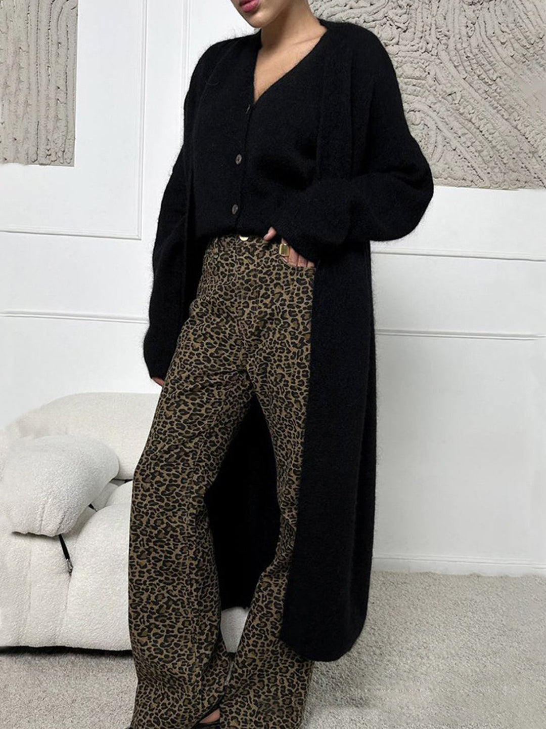 Dames lang vest met open voorkant en pluizige afwerking