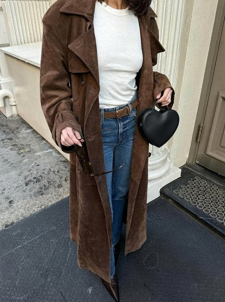 Damen Langer Mantel mit Gürtel und Breiten Revers