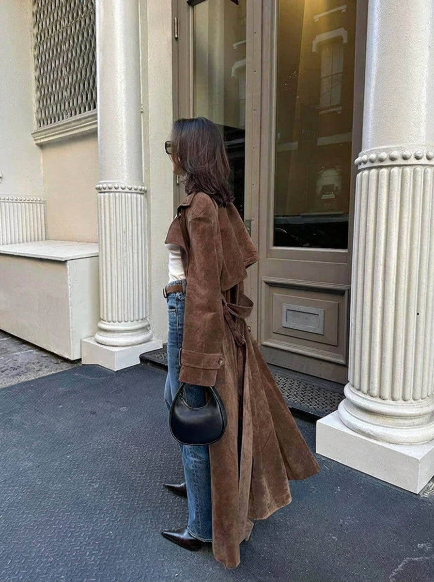 Damen Langer Mantel mit Gürtel und Breiten Revers