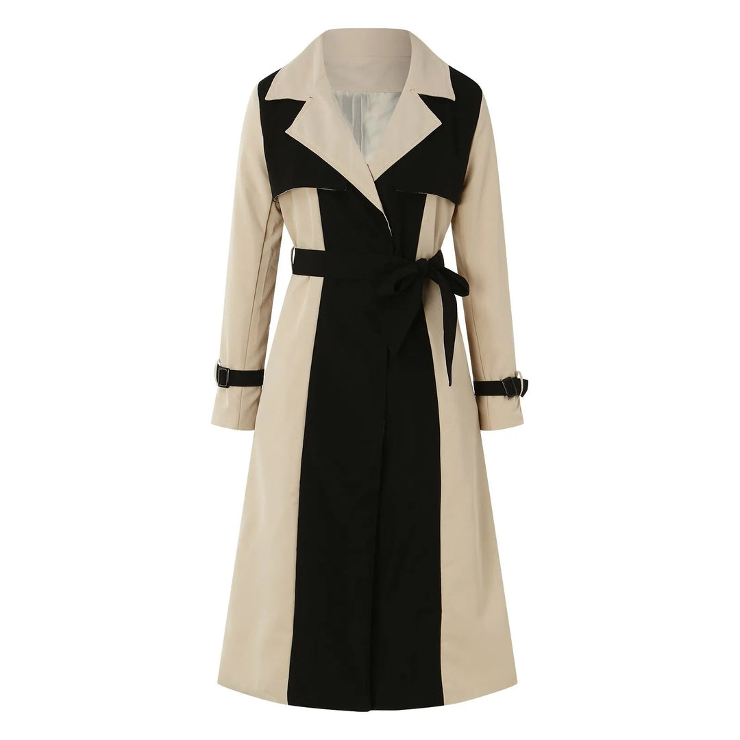 Dames lange jas met tweekleurige colour block en reverskraag met strikceintuur