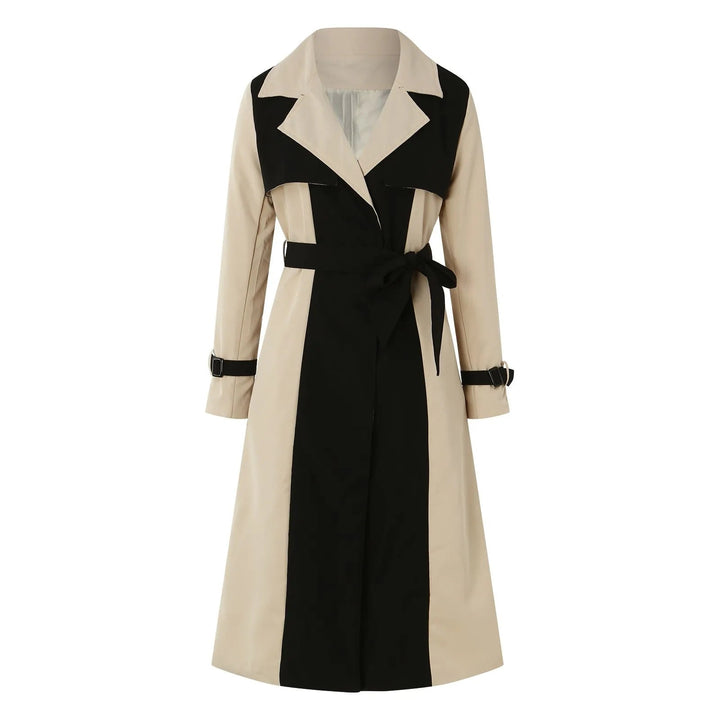 Dames lange jas met tweekleurige colour block en reverskraag met strikceintuur
