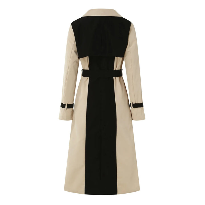 Dames lange jas met tweekleurige colour block en reverskraag met strikceintuur