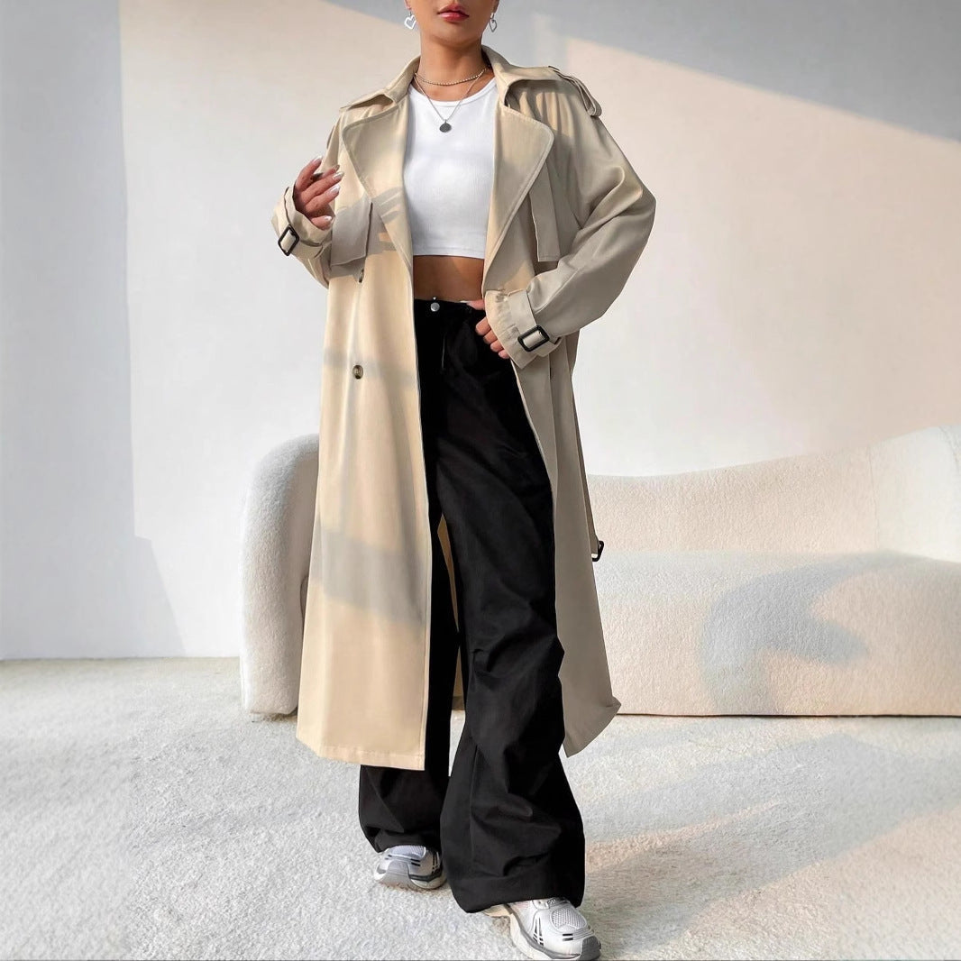Damen Langer Trenchcoat mit Gürtel und Doppelter Knopfreihe – Velareeh Haus