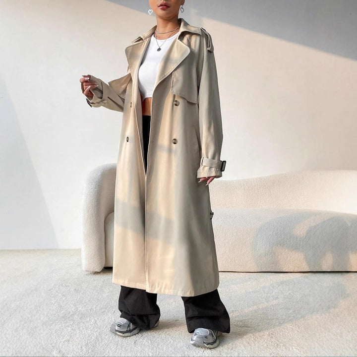 Dames lange trenchcoat met riem en dubbele rij knopen