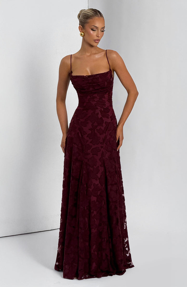 Damen Maxikleid mit Wasserfallausschnitt Spaghettiträgern Blumenmuster und Schnürung am Rücken