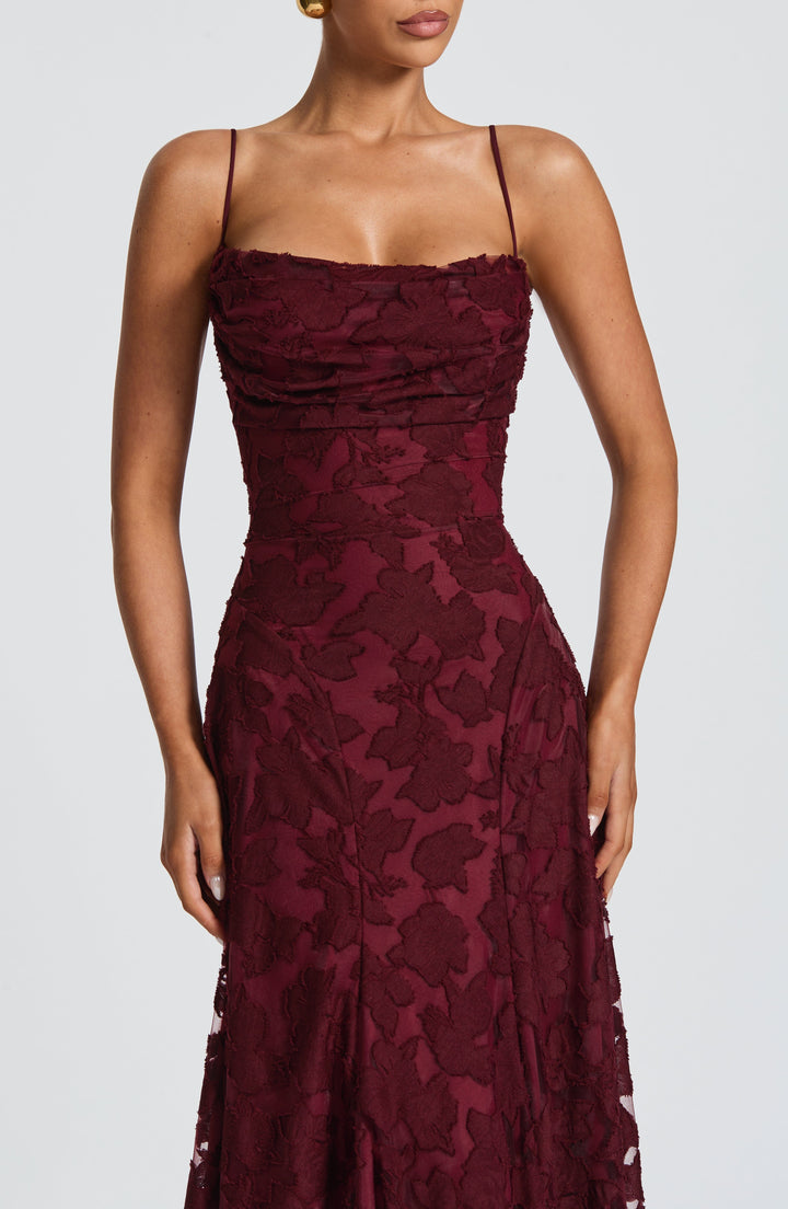 Damen Maxikleid mit Wasserfallausschnitt Spaghettiträgern Blumenmuster und Schnürung am Rücken