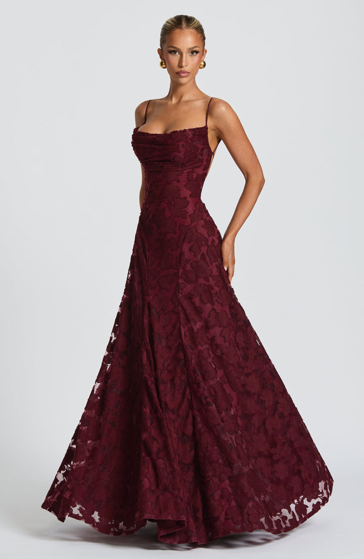 Damen Maxikleid mit Wasserfallausschnitt Spaghettiträgern Blumenmuster und Schnürung am Rücken
